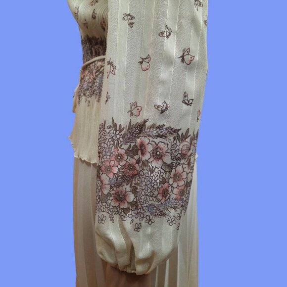 Vintage 70s Pleated Floral Butterfly Dress Cream Semi Sheer Long sleeve size M - Picture 8 of 12